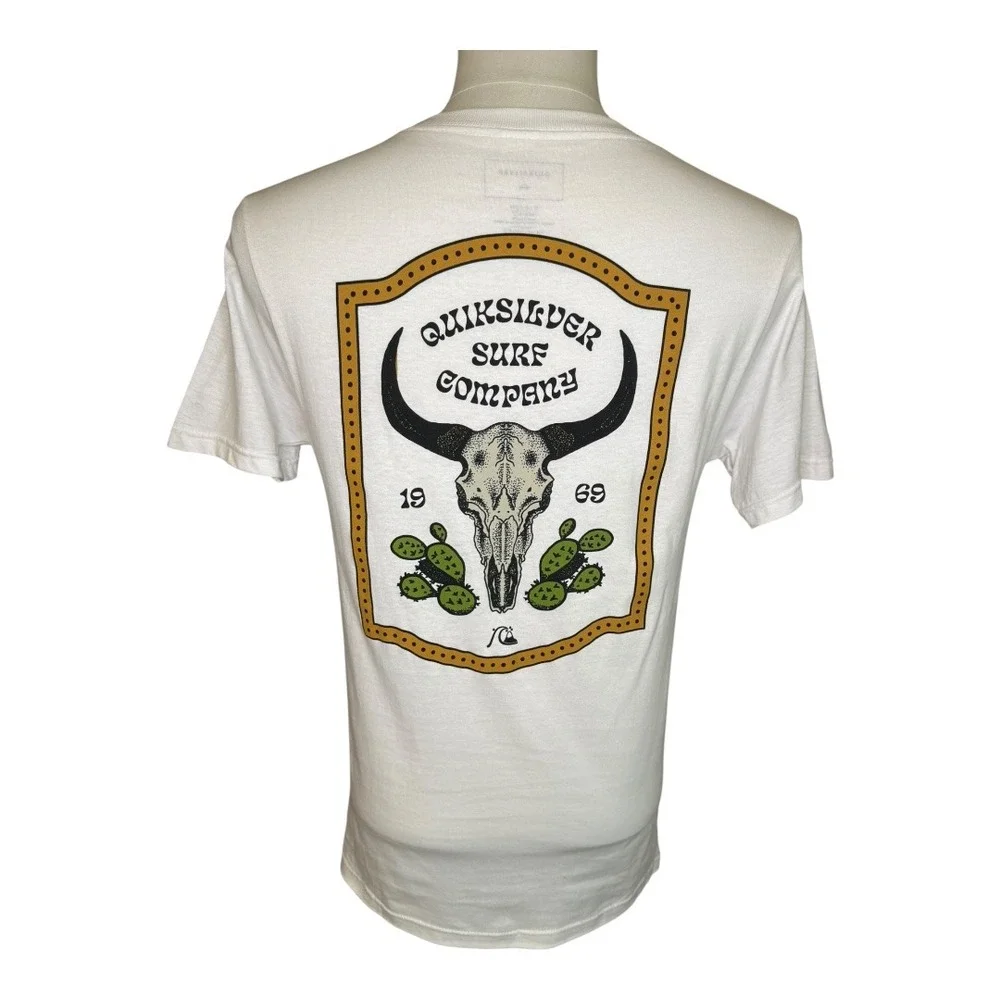 Quiksilver Surf Company Graphic T-Shirt White Bull Skull Cactus Mens Size‎ Small